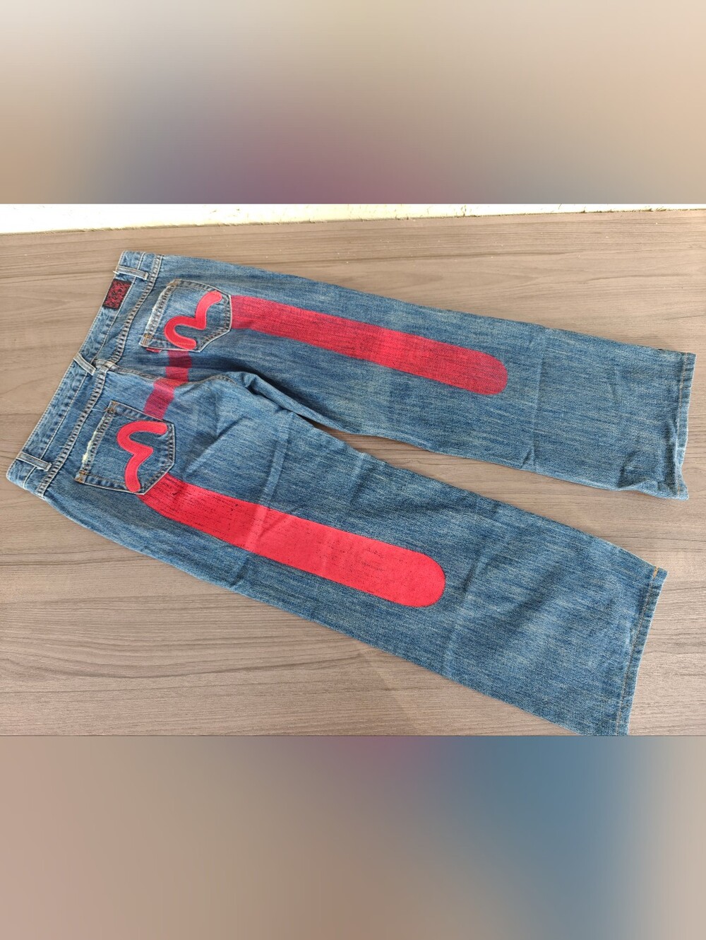 Y2K Evisu Red Daicock Print Loose Fit Jeans Blue Jeans 29